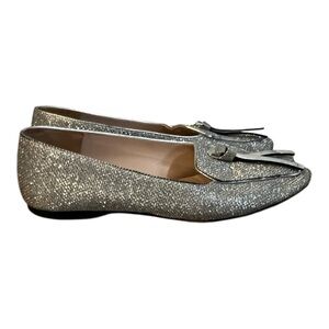Stuart Weitzman Silver Glitter Semi Pointed Loafers Tassel Women's Size 8.5